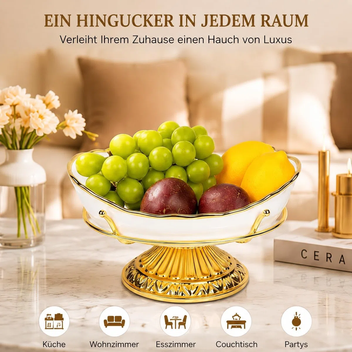 Luxus Obstschale Gold Weiß mit Fuß, Dekorative Keramik Schale, Moderner Obstkorb & Wohnzimmertisch Deko für Küche Esszimmer, Elegante Servierschale & Tischdeko für Obst Snacks Süßigkeiten