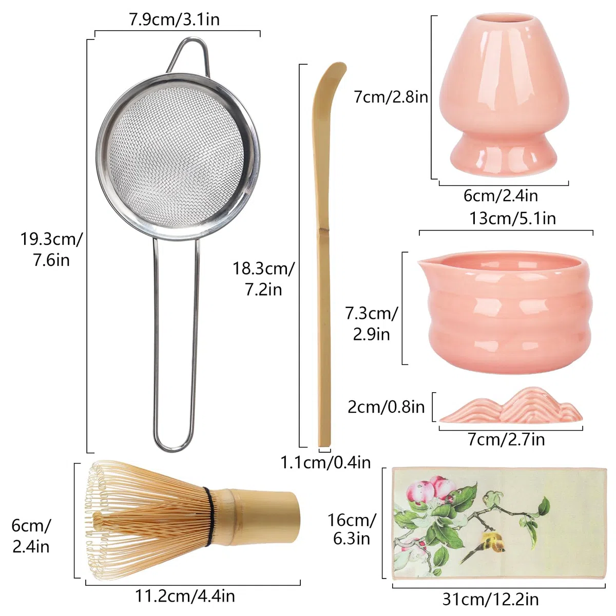 Nwvuop 7 Stück Matcha Set Matcha Besen Set mit Matcha Schale und Sieb Matcha Tee Set Rosa