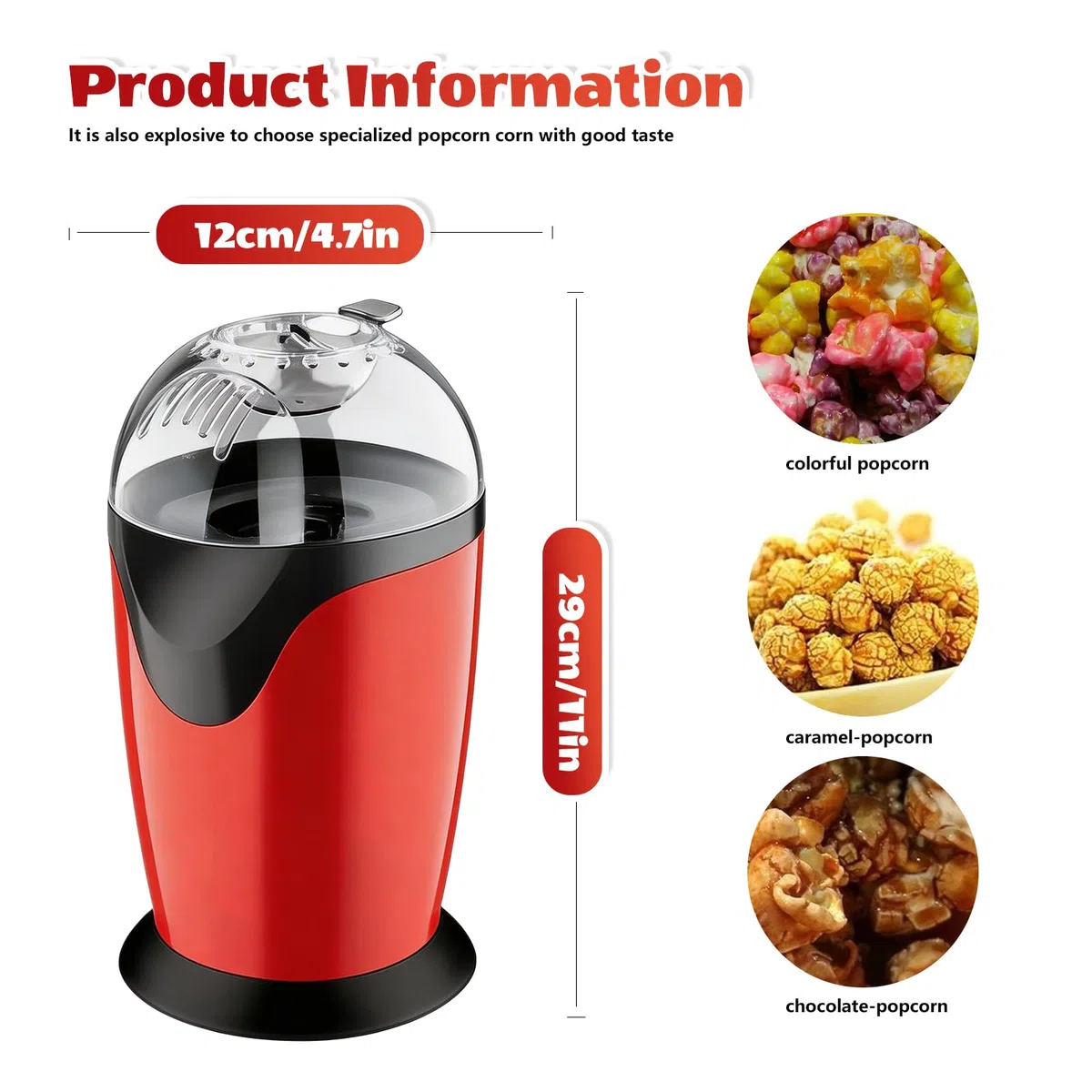 Popcornmaschine,1200W 220V Heißluft Popcorn Maker,Elektrische Popcorn Maschinen,Retro Popcorn Maker,Mini Popcorn Maker Für Heimkino,Filmabende,Partys,3 Minuten Schnell Und Einfach,Schwarz-Rot