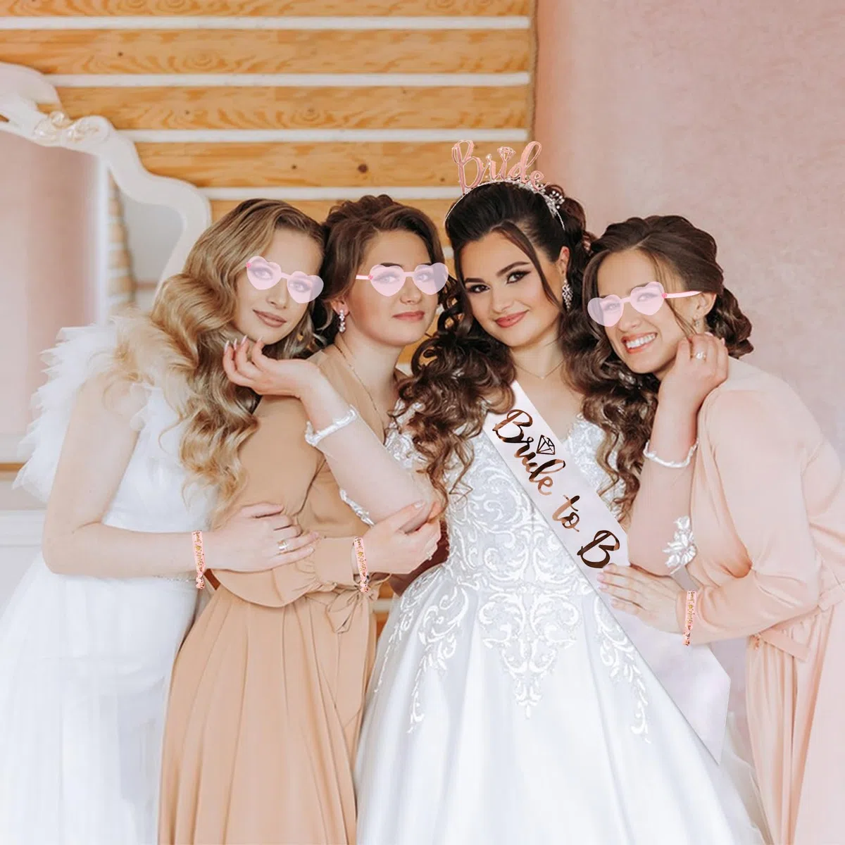 JGA Accessoires Frauen Set, Junggesellenabschied Frauen Jga Brille Team Bride to Be Schärpe Team Braut Armbänder Braut Tiara Schleier Bride Tattoos für Junggesellinnenabschied Deko (Rosa)