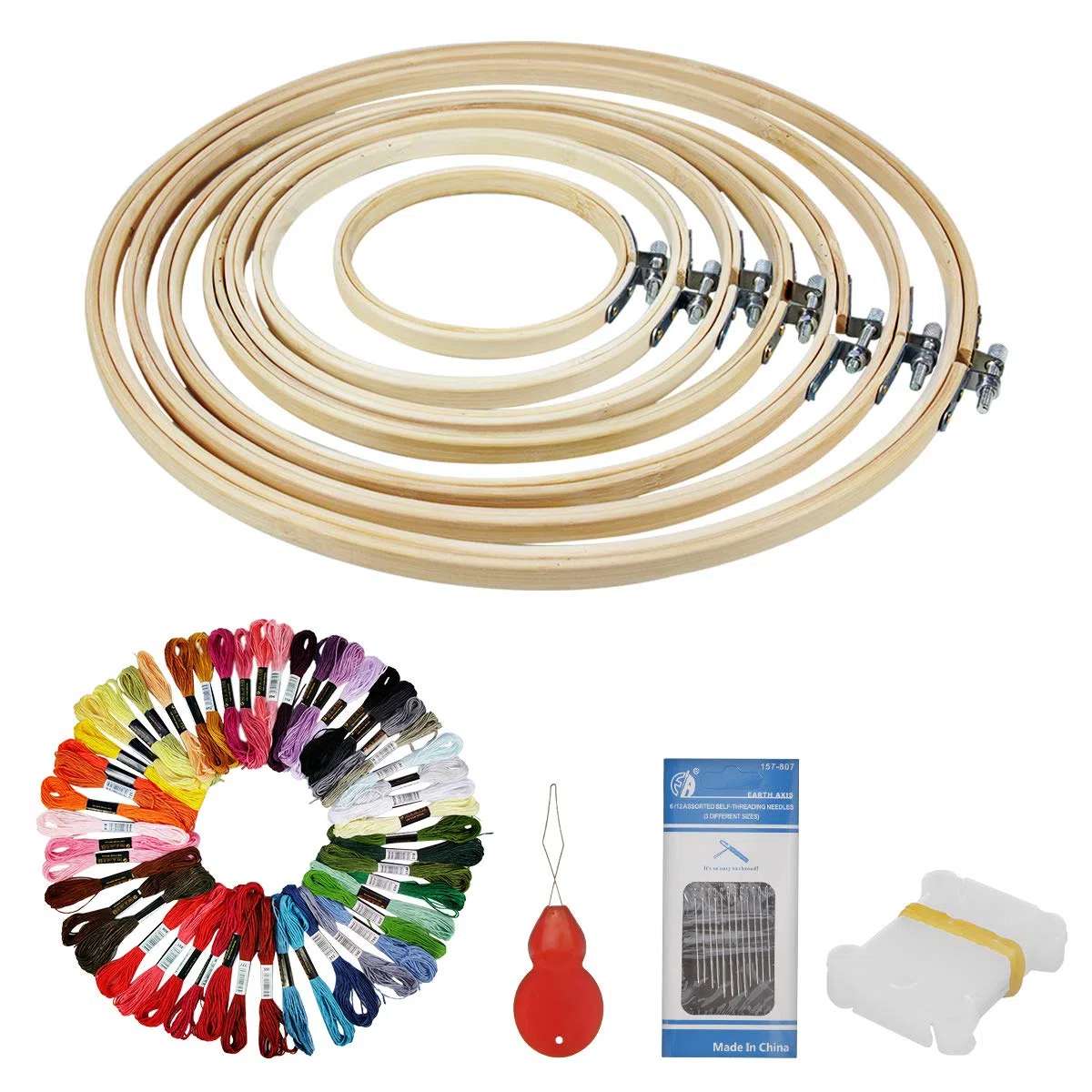 HAUSPROFI Stickerei Starter Set Kreuzstich Tool Kit Einschließlich 50 Farbfäden und 12 Nadel, 7 Bambus Stickrahmen 4-12 Zoll