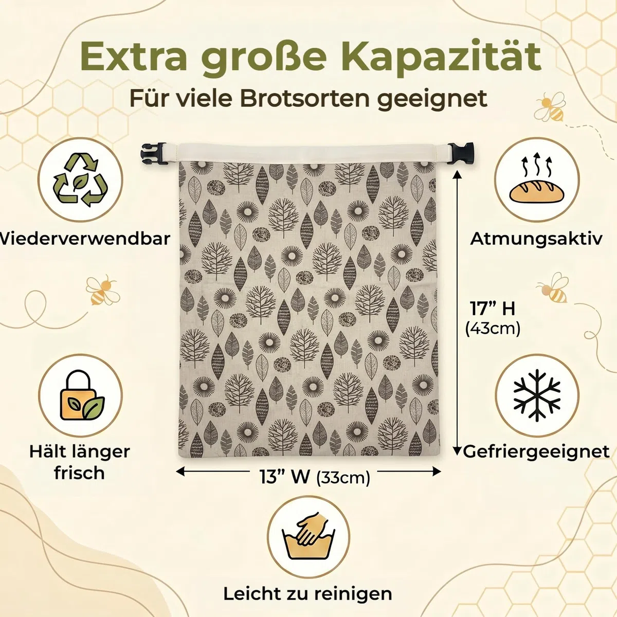 Bienenwachs Brotbeutel für Hobbybäcker: 43x33cm Wiederverwendbarer Sauerteigbeutel mit Natürlicher Bienenwachsbeschichtung, atmungsaktiv Frische, waschbar für selbstgebackenes Brot 2er Set