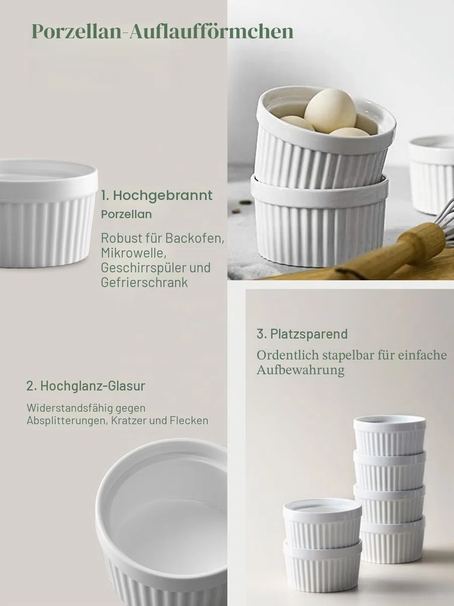 DOWAN Creme Brulee Schälchen, Souffle Förmchen Backofenfest, Ofenfeste Förmchen, Keramik Ramekins für Ragout Fin Schalen, Leckere Würzfleisch, Muffin, Panna Cotta, 120 ml, Soft White