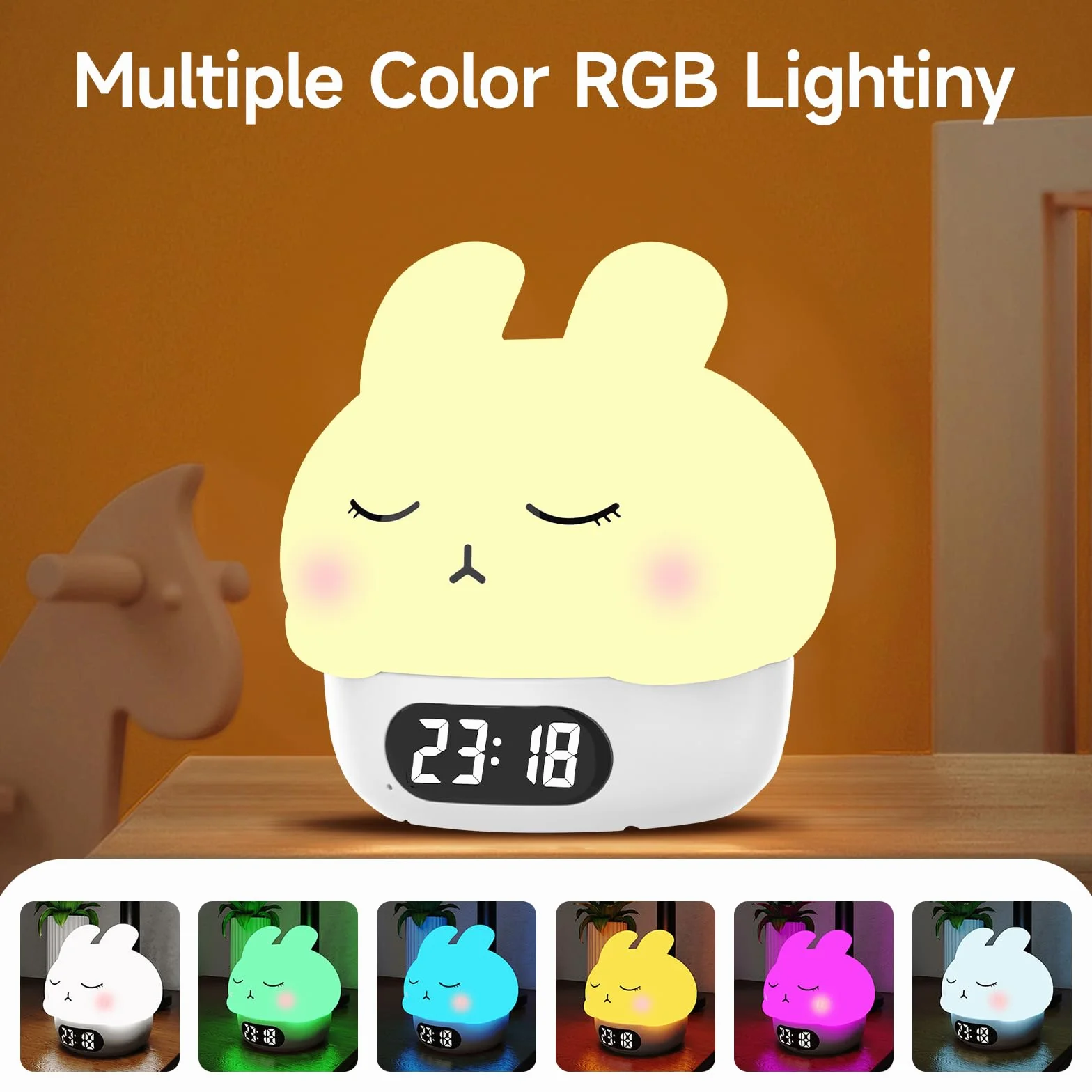 Cuteefun Digitaler Wecker mit Licht, Bunny Nachtlichter für Kinder, Wiederaufladbare Wecker Digital, Dual Alarme, Snooze, 9 Farbmodi, Berührungssensor Nachtlicht Dimmbar für Raumdekoration