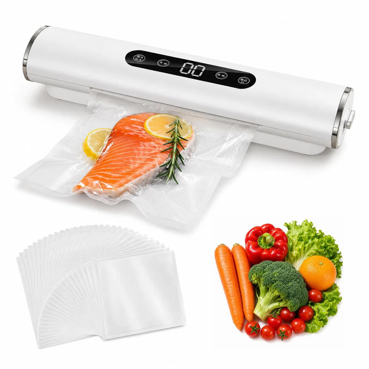Vakuumiergerät für Lebensmittel mit 20 Beutel, 62KPA Vakuumierer Folienschweißgerät Vollautomatisch, Einschweißgerät für Trockene & Feuchte, Vacuum Sealer Kompakt für Küche & Gefrierbeutel, Weiß