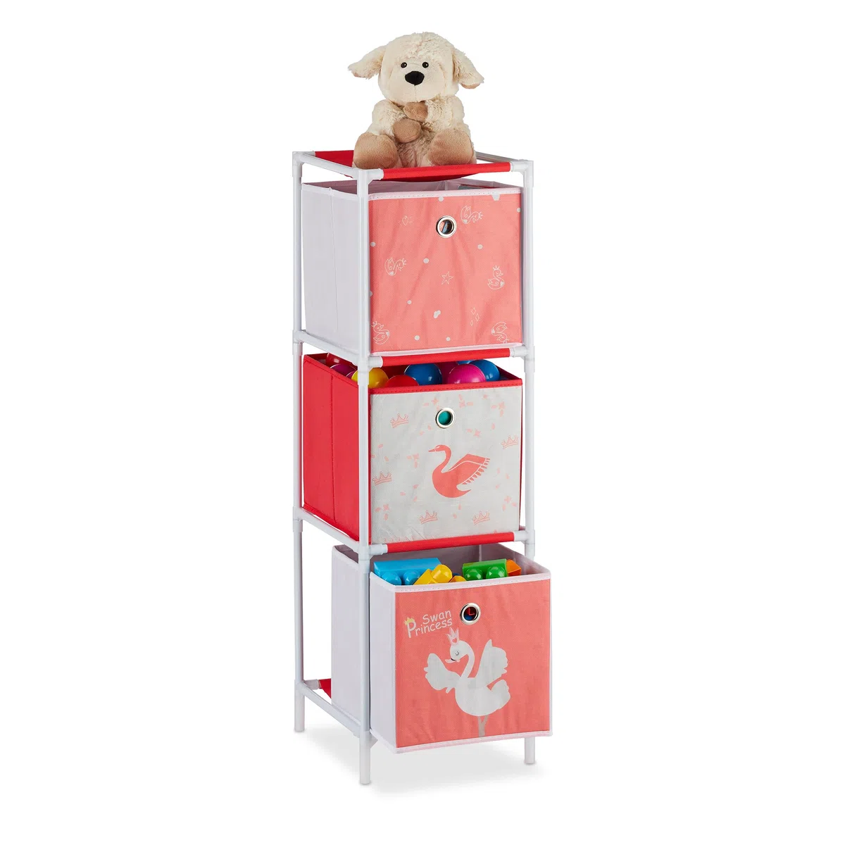 Relaxdays Kinderregal mit 3 Boxen, Spielzeug, Mädchen, Schwan-Design, Regal Kinderzimmer, HBT 89 x 27,5 x 30 cm,weiß/rot