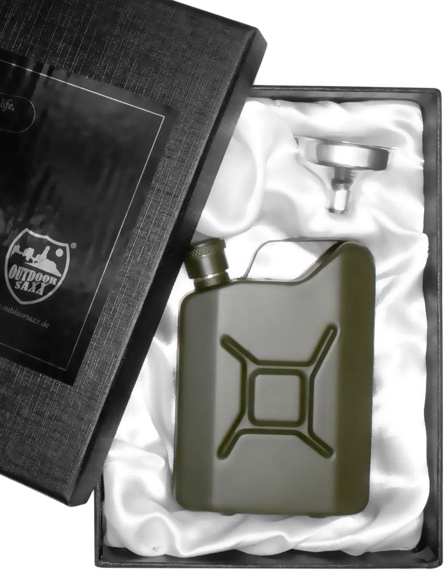 Edelstahl Flachmann im Benzinkanister-Design, 150ml Trinkflasche, oliv-grün