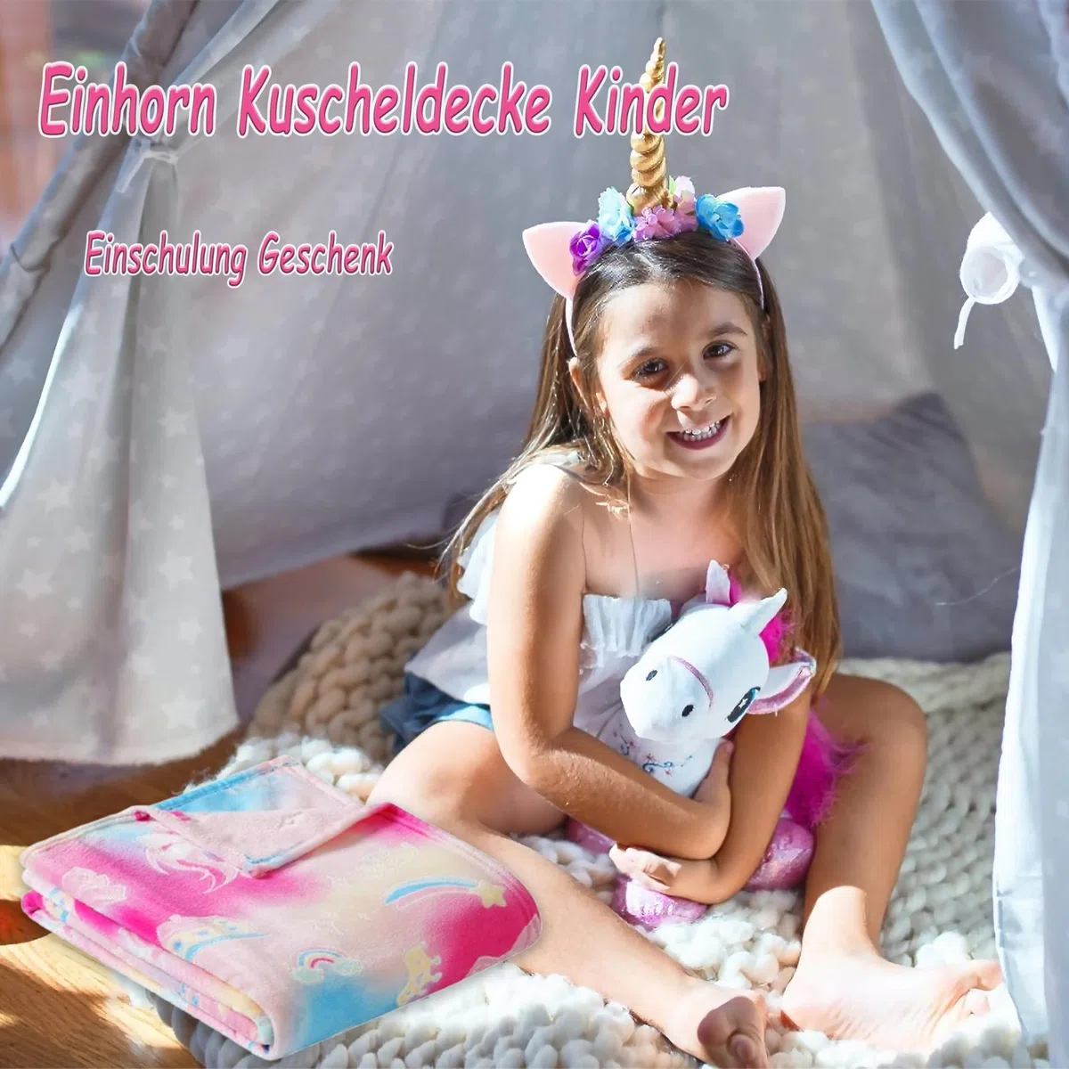 Einhorn Kuscheldecke Kinder, Glow In The Dark Blanket, Einhorn Geschenke für Mädchen 4-12 Jahren, Weihnachten Geschenke Kinder, Kuscheldecke Flauschig Sofadecke für Allergiker & Outdoor, 127x152 cm