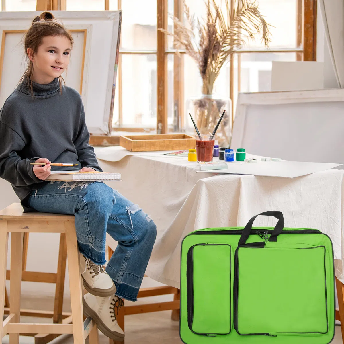 Kunstmappe Tragetasche Zeichenbedarf Tasche Tragbare Malerei Skizzenblock Aufbewahrungstasche Tragetasche Zeichenbrett Tasche Für Paletten Farben Pinsel Gras-Grün