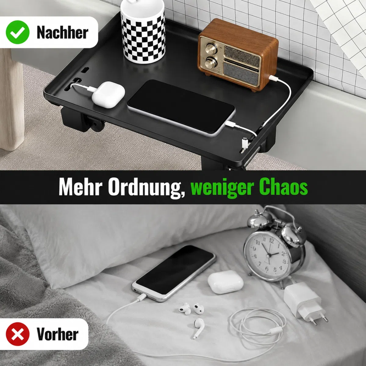 URMONA Bettablage 32x23 cm Nachttischregal zum Anklippen mit Kabelführung | Weiß, Clip-On Ablage, stabile Klemmhalterung, Kabelöffnung, für Handy Tablet Brille, Sofa Hochbett Studentenbett Wohnheim