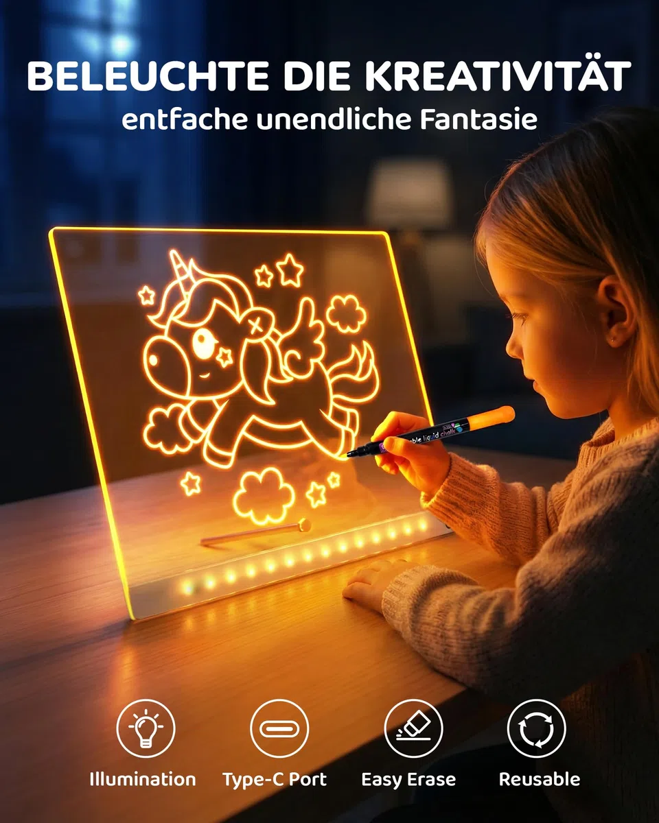 KOKODI LED Zeichentafel für Kinder, leuchtendes Malbrett 37x27 cm mit 7 Stiften, USB-C, kreatives Lernspiel, Geburtstags- und Weihnachtsgeschenk für Jungen und Mädchen (Weiß)