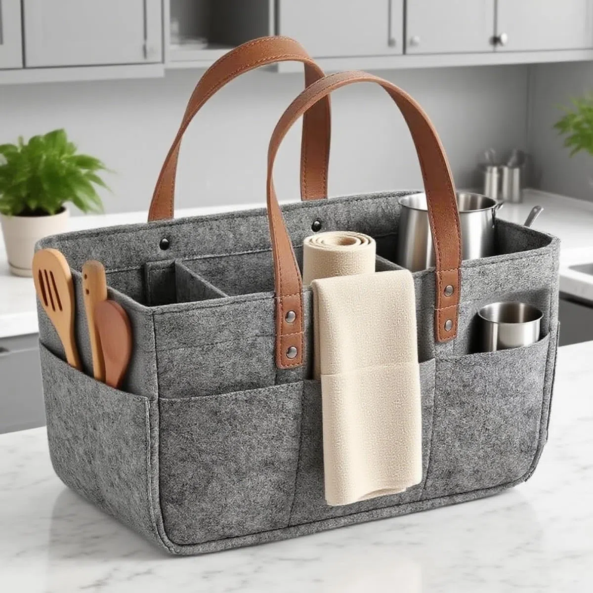 Filztasche mit Fächern, Einkaufstasche Filz 16L, Filztaschen Shopper, Filz Tasche, Einkaufskorb für Outdoor Trips, Picknick, Einkaufen, Dunkelgrau, 38x23x18cm