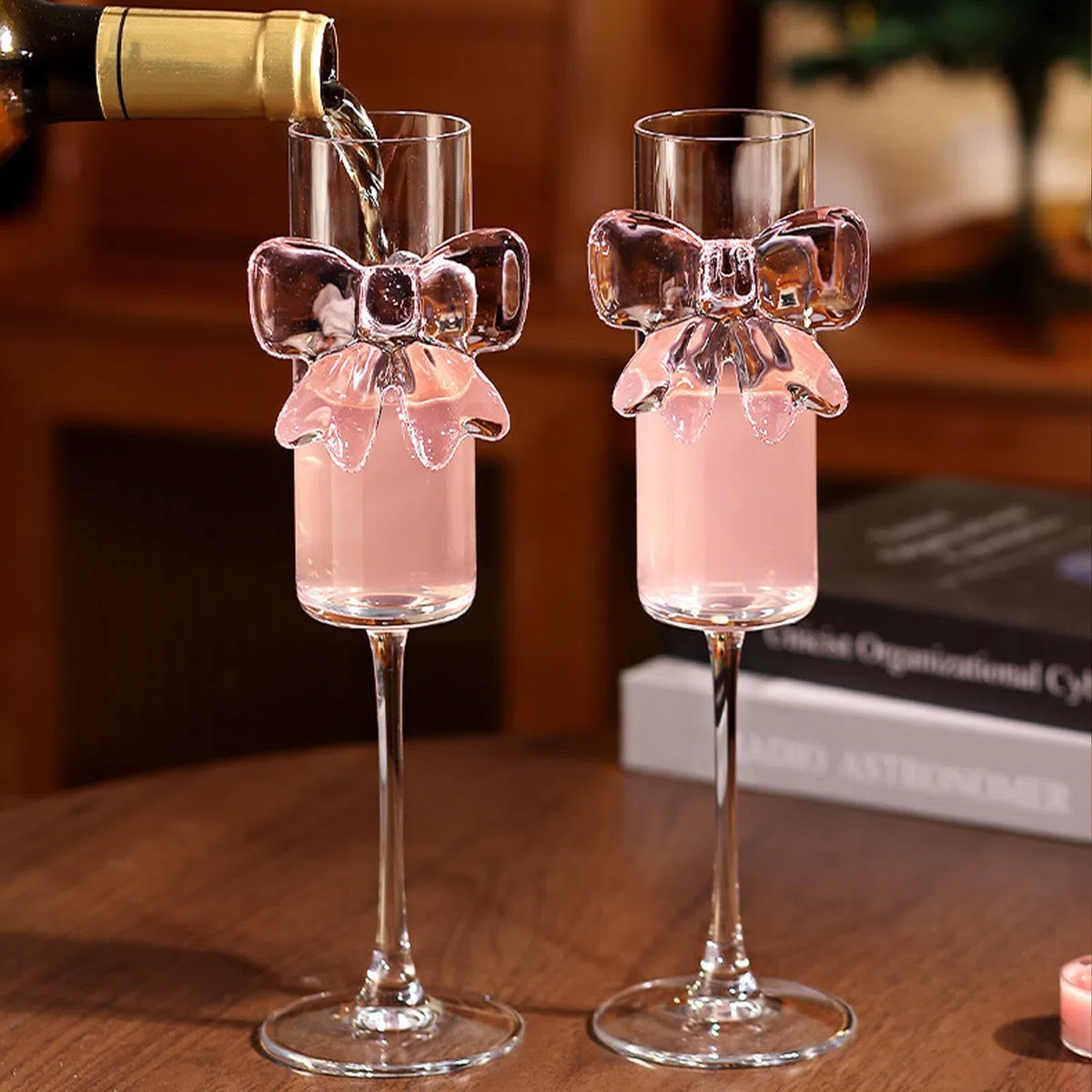 Kokett-160ml Glasbecher, rosa Schleife, Champagner, klare Gläser, Wein, Cocktails, Gläser für Zuhause, Bar, Hochzeit, Brautparty, Junggesellinnenabschied, 2 Stück