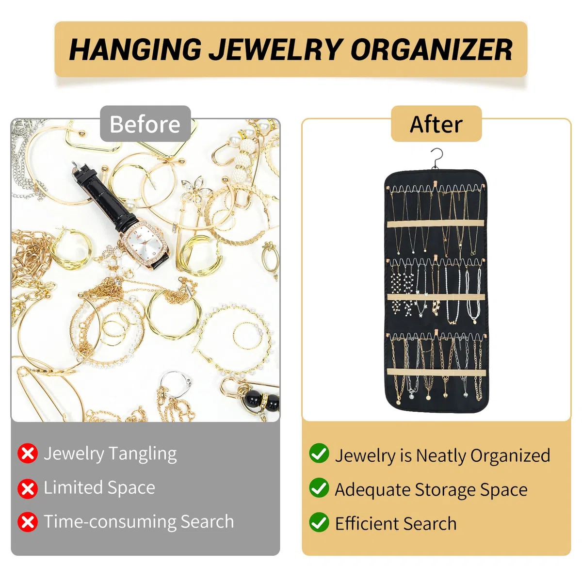 Oudizz Schmuckaufbewahrung Doppelseitige mit Metallhaken, Schmuck Organizer Hängend, Schmuckorganizer zum Aufhängen, Ketten Aufbewahrung Hanging Schmuckhalter Wand Tür für Ohrringe Ringe