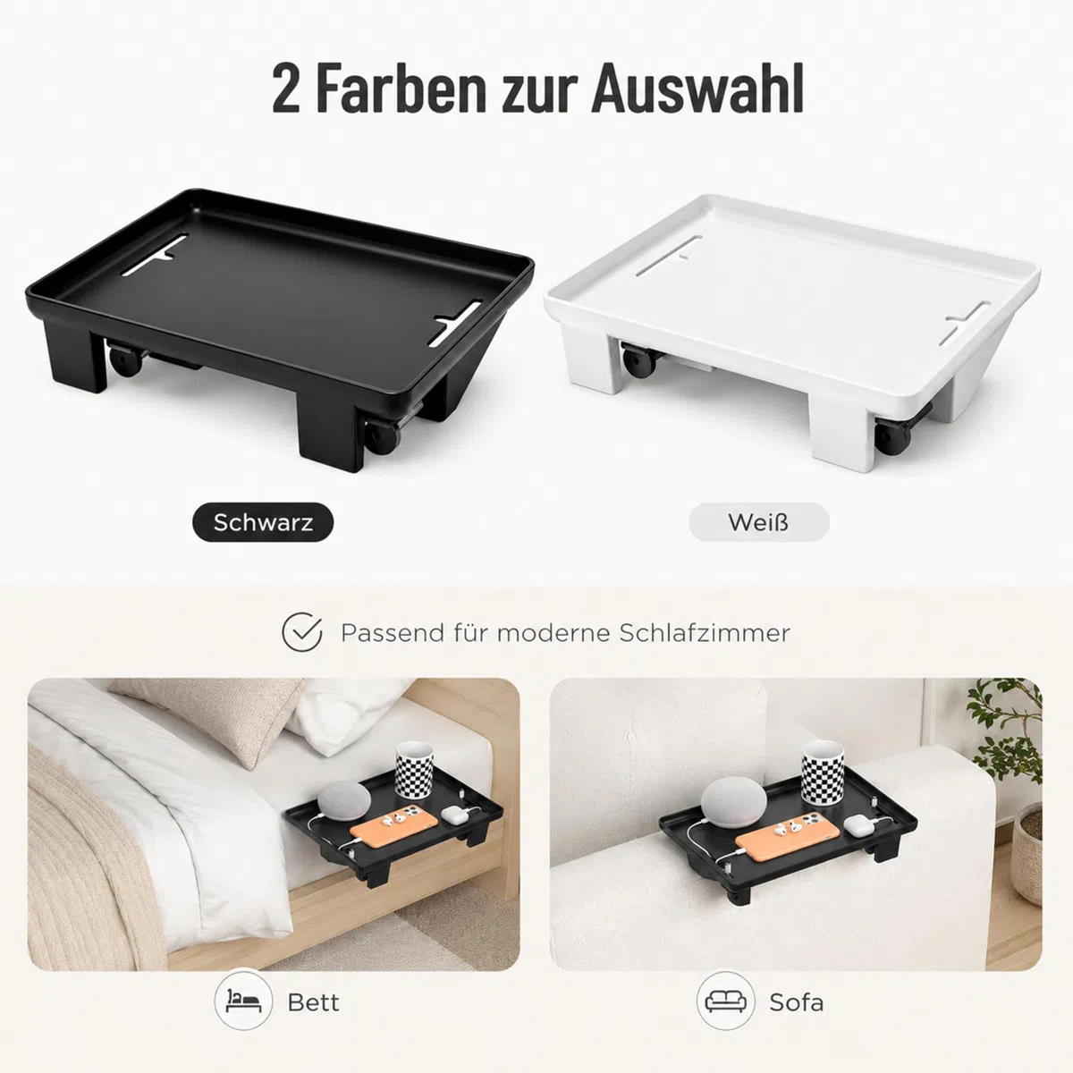 URMONA Bettablage 32x23 cm Nachttischregal zum Anklippen mit Kabelführung | Weiß, Clip-On Ablage, stabile Klemmhalterung, Kabelöffnung, für Handy Tablet Brille, Sofa Hochbett Studentenbett Wohnheim