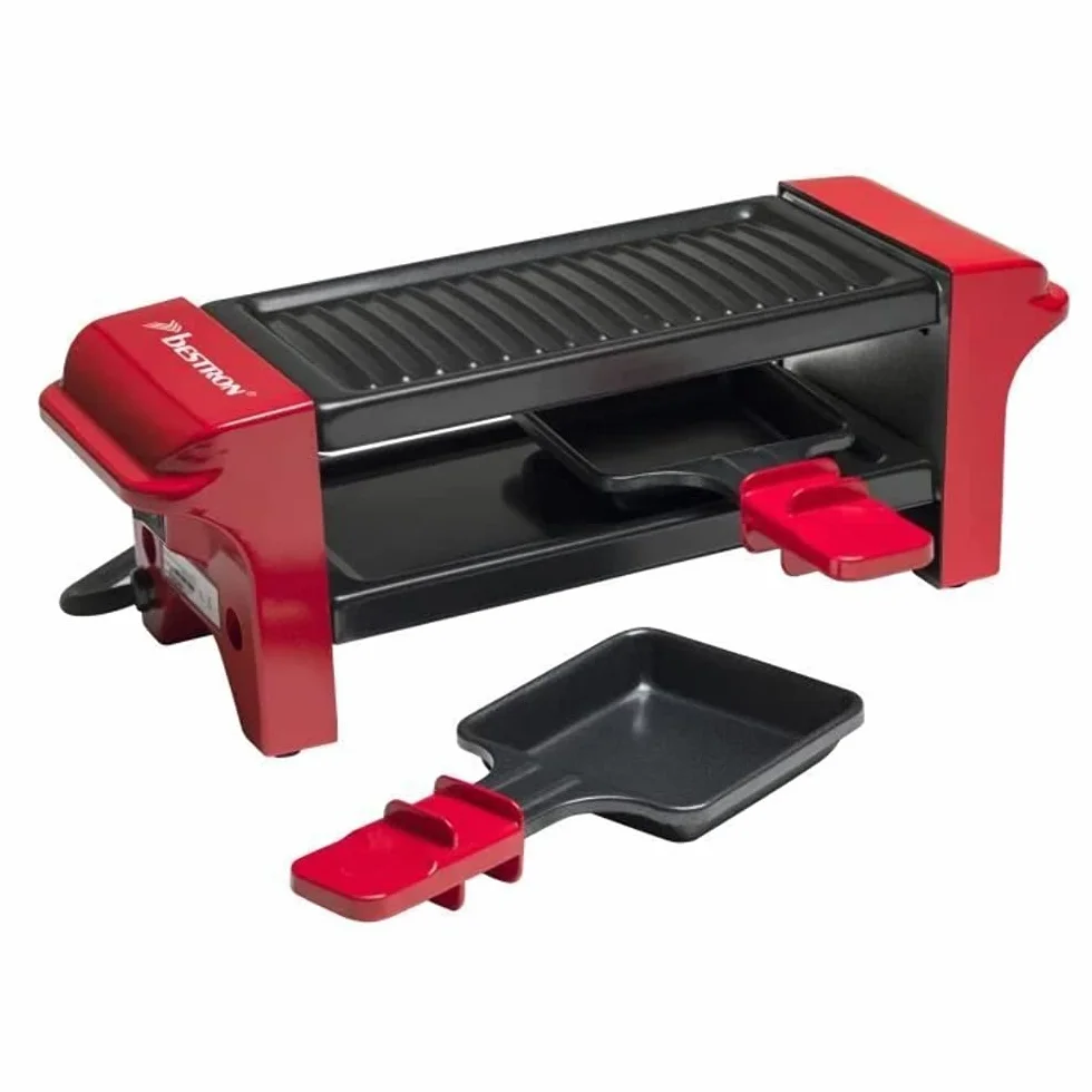 Bestron Raclette für 1 bis 2 Personen, Mini Tischgrill mit zwei Pfännchen und zwei Holzschabern, 350 Watt, Farbe: Rot/Schwarz