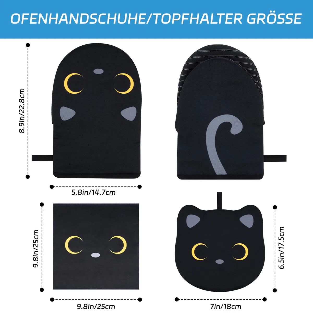 Ofenhandschuhe,Schwarze Katze Kochhandschuhe,Niedlich Kurz Küchenhandschuhe mit 1 Pcs Topflappen, Weich Schwarze Katzes Topflappen Handschuh Set für Backen Mikrowelle,22 X 14 cm