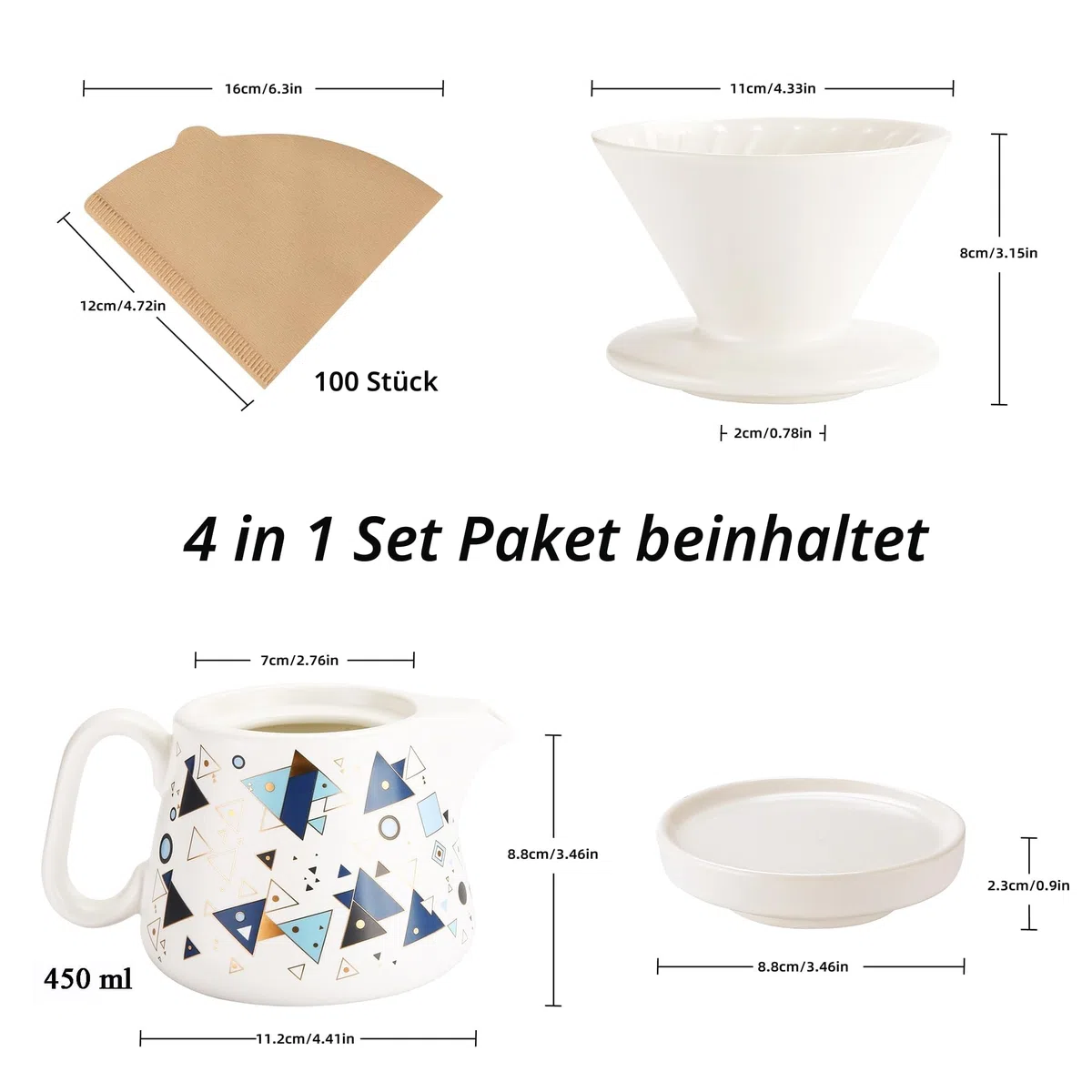 Pour Over Kaffeemaschine, Keramik-Kaffeetropfer mit 100 Stück Größe 02 Papierfilter, Keramik-Kaffeeservice mit Deckel, 450 ml, geeignet für 1-2 Personen (Weiß A)