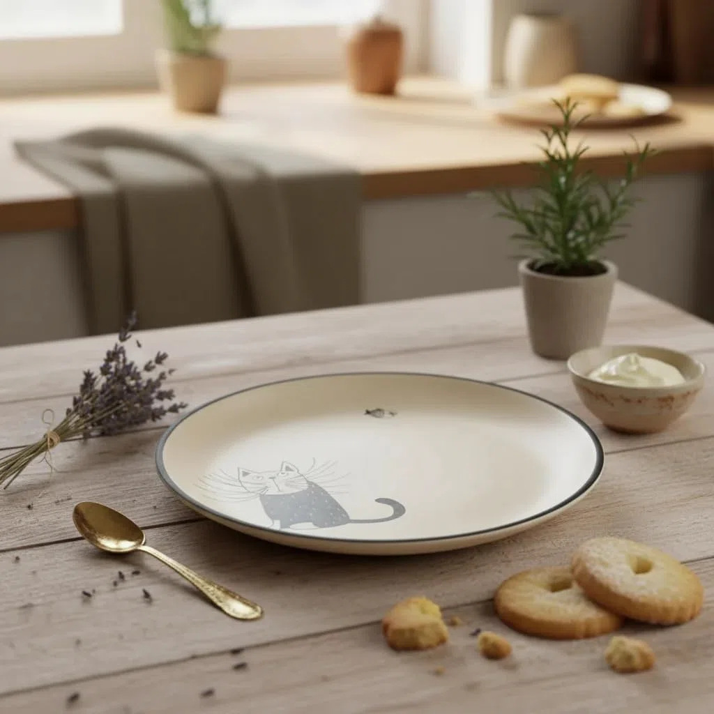 Dekorativer Teller mit Katzenmotiv aus Keramik - Ms. Meow und Bubbles - verspielt & modern – Für Tisch, Regal & Wohnraum Dekoration, Geschenkidee für Katzenliebhaber, Elfenbeinweiß, 20 cm
