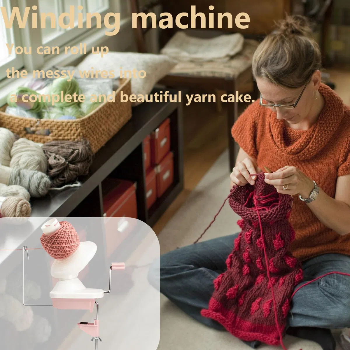 Wollknäuel Wickler, Kugelwickler, Garnwickler für Wolle, Kunststoff Wollwickler Garnwickler, Wollabwickler mit Kugellager, Tragbarkeit Garnrollenwickler, Strickmaschine für Erwachsene (Rosa)