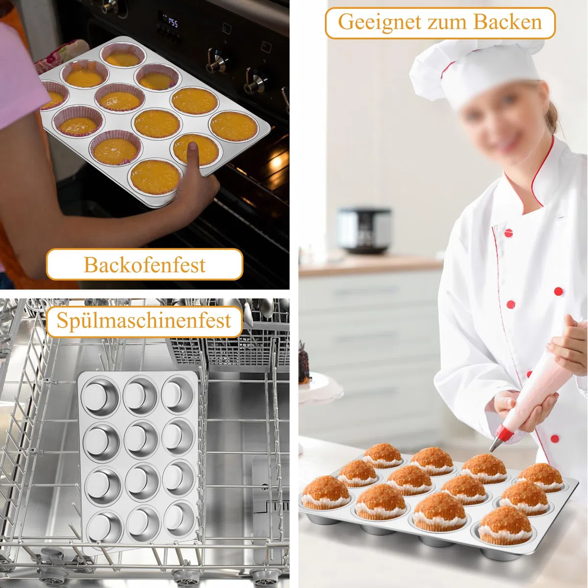 Herogo Muffinform, 12 Muffins Edelstahl Muffinblech, Metall Muffin Backform für Cupcake, Yorkshire Pie, Pudding, Muffin Kuchenform für Leicht zu reinigen, spülmaschinenfest, Ungiftig, Silber