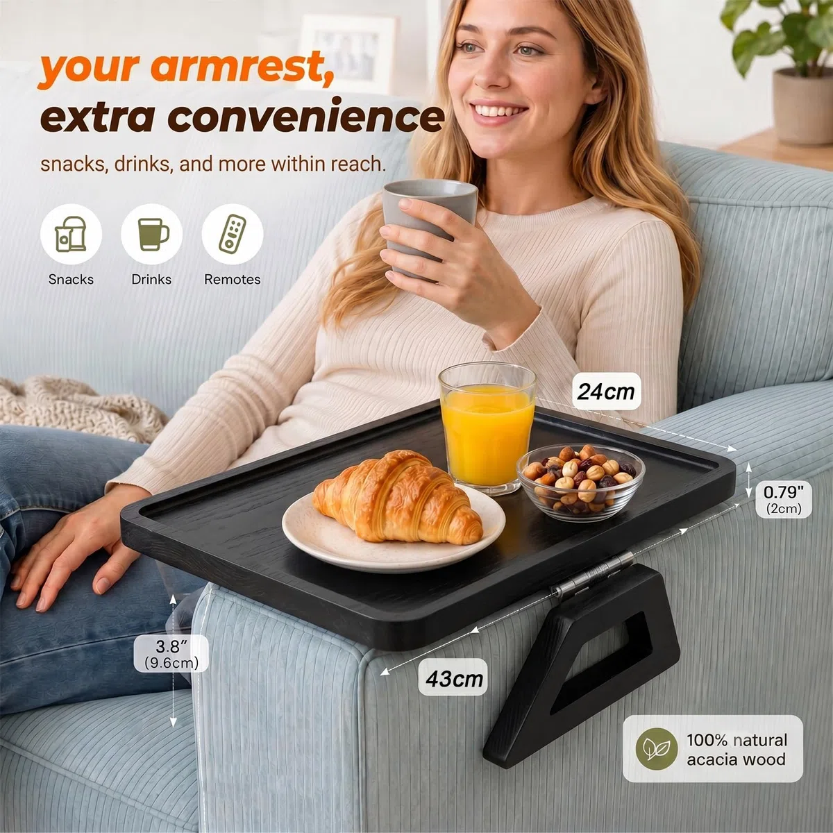 CEWROM Sofatablett Armlehne,Sofatablett - Couch Ablage flexibel für Armlehne, Festclip Couch Tablett Armlehnen Tray für Snacks,Handy,Control,Tassen, 24x34 cm, nachhaltiges Bambus Natur Groß (Schwarz)