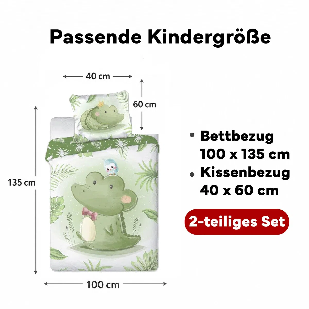 Kinderbettwäsche Set Motiv Krokodil Druckmotiv 100% Baumwolle Reißverschluss pflegeleicht Bettbezug 100x135 cm + Kissenbezug 40x60 cm