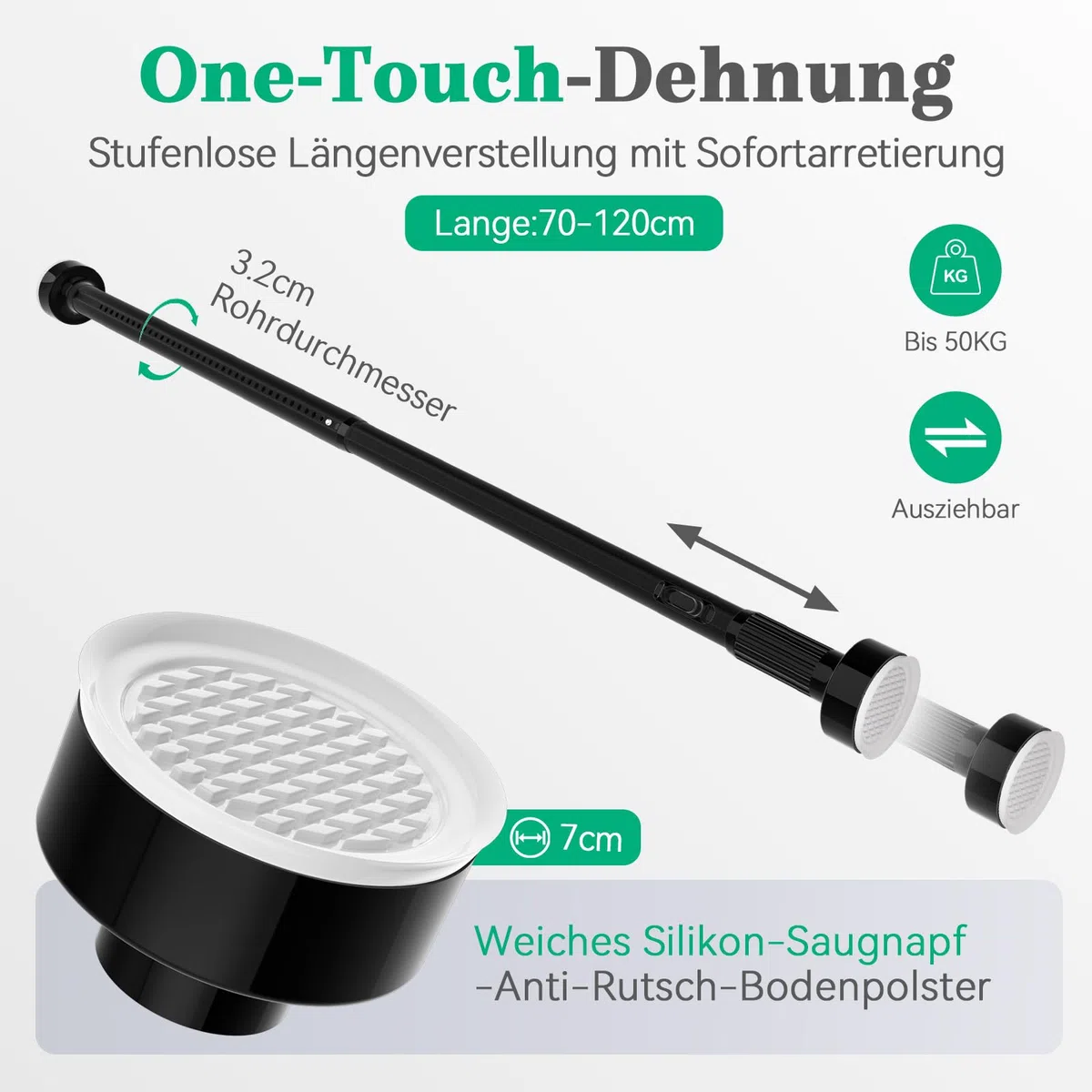 VECTO Teleskopstange zum Klemmen 70-120cm Ø32mm Duschstange ohne Bohren Schwarz Universell Vorhangstange ohne Bohren für Fenster, Kleiderschrank, Badezimmer 1Stück