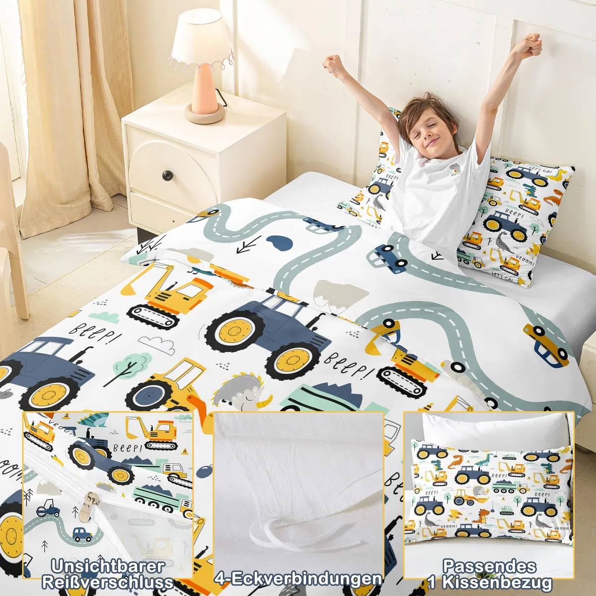 Jungen Cartoon Auto Bettwäsche Set 135x200,Kinder Bau Fahrzeuge Tröster Abdeckung für Kind Kleinkind Teens,Dinosaurier Bettbezug,Traktor Maschinerie Bagger Bettdecke Abdeckung,Lkw Autos Bettwäsche