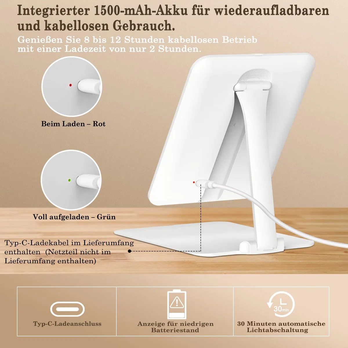 Kosmetikspiegel mit Beleuchtetung, Wiederaufladbar Touchscreen Schminkspiegel, 3 Farben Dimmbarer Faltbar Tischspiegel, Ultraschlank Tragbarer Reisespiegel mit Licht