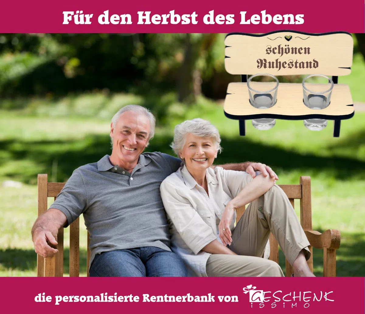 Geschenk zur Rente - die originelle Schnapsbank für Rentner mit Gravur - 2 oder 4 Gläser - Rentnerbank als Rentnergeschenk für Mann und Frau im Ruhestand, Pensionierung, Lebensabend