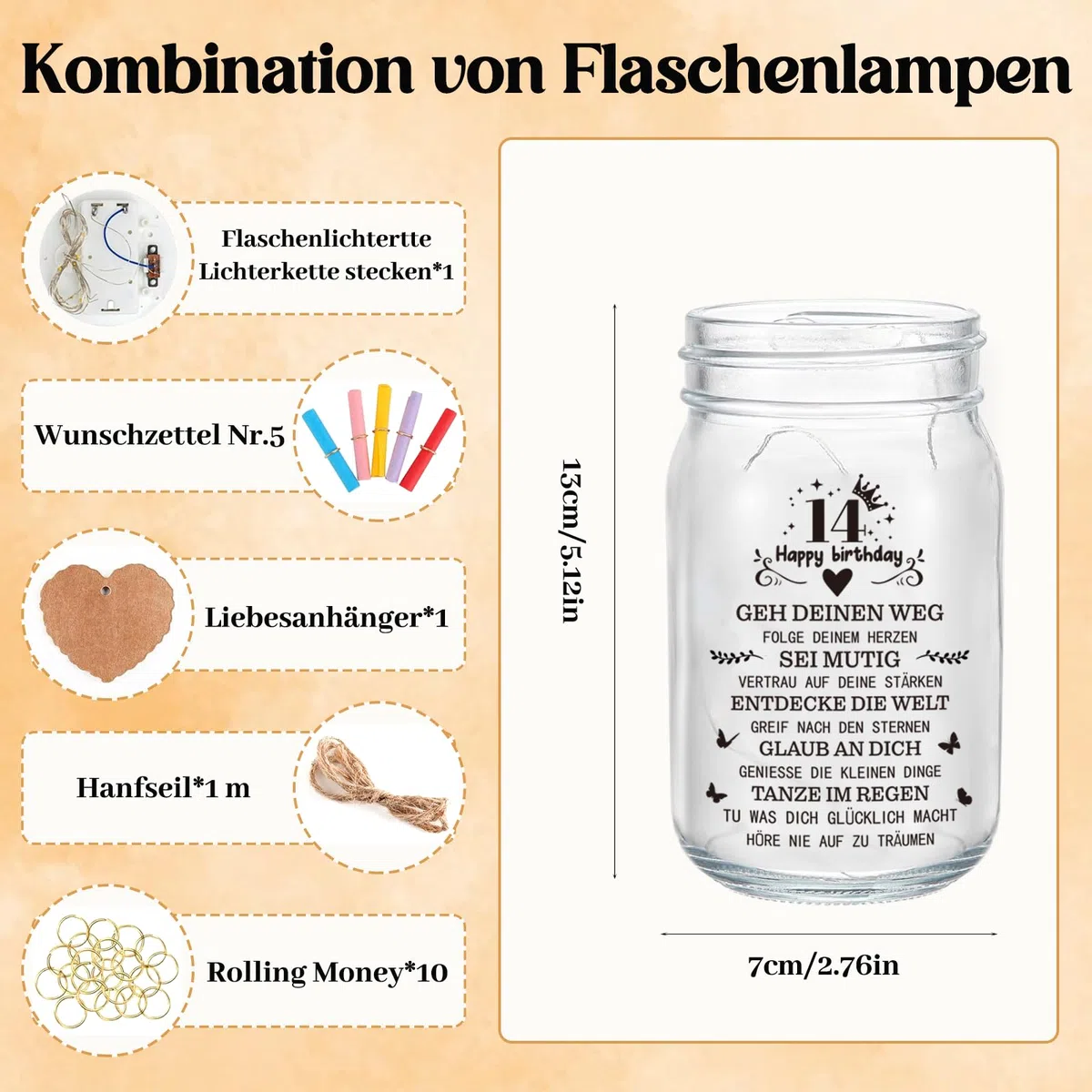 Geldgeschenk 14 Geburtstag Mädchen, LED Flaschenlicht, Geldgeschenke Verpackung, 14. Geburtstag für Mädchen Junge Frau Beste Freundin Schwester Familie
