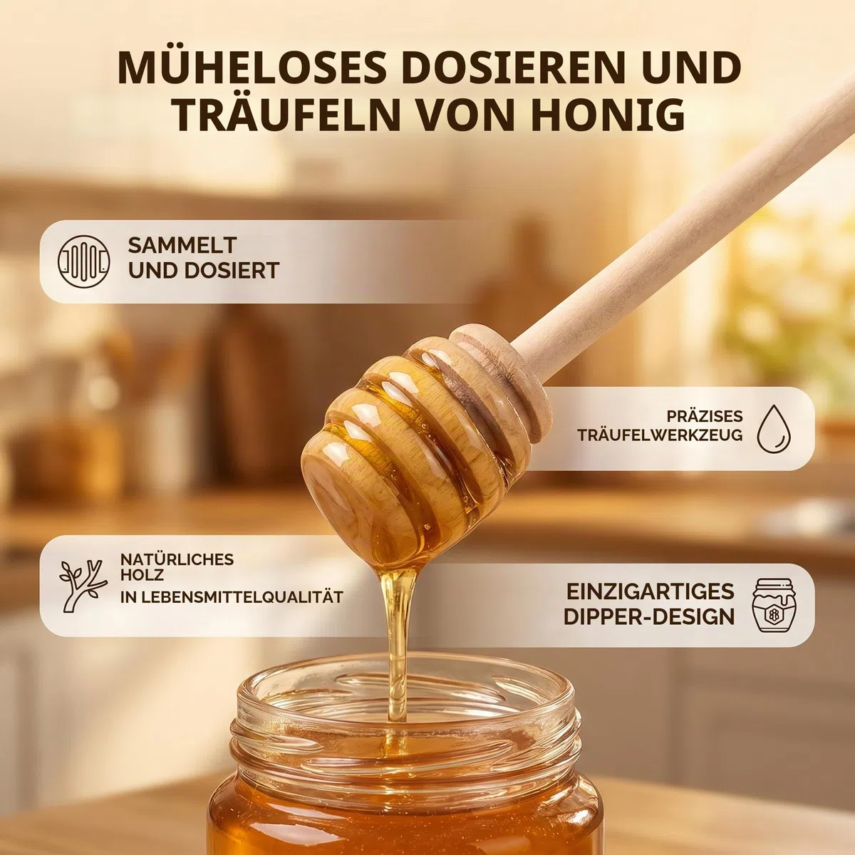 Honigrührer aus Holz, 50 Stück, Honig Rührstab Stick, Rührstab für Honigspender, Rührung (15 cm)