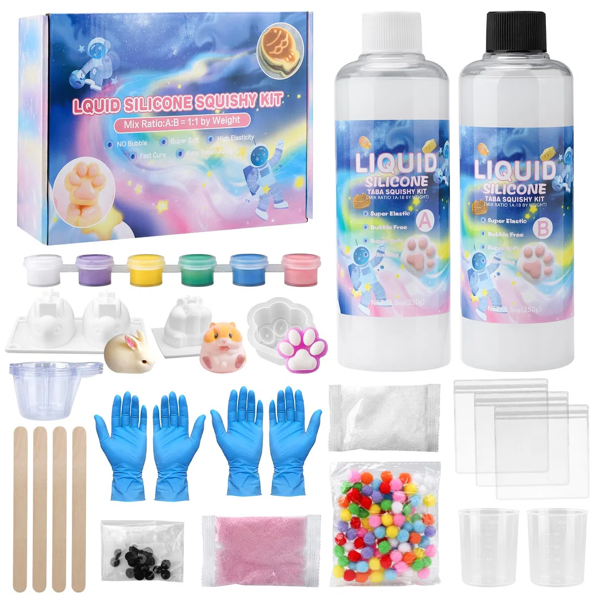 Flüssigsilikon für Taba Squishy Bastelset, 500g 1: 1 Verhältnis Gemischt Superweiches Silikongummi, DIY Bastelset zur Stressbewältigung, Katzenliebhaber und Hamster-Fans, Kreative für Anfänger