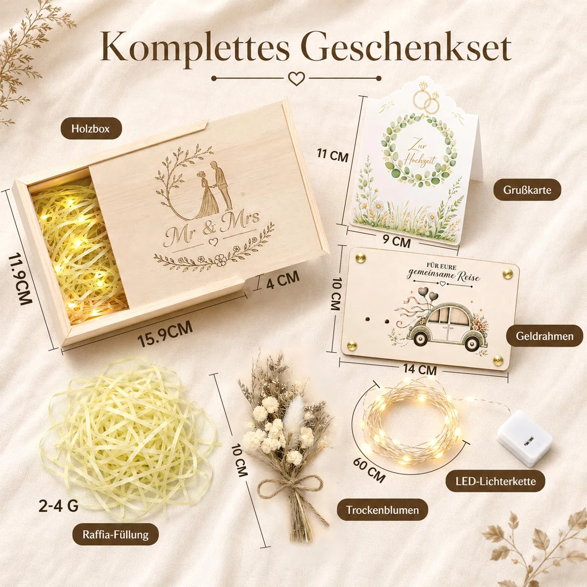 Geldgeschenk Hochzeit Holz, Hochzeitsgeschenk für Brautpaar mit Geschenkbox, Holzkarte, Hochzeitskarte & Trockenblumen, Geldgeschenke zur Hochzeit, Flitterwochen