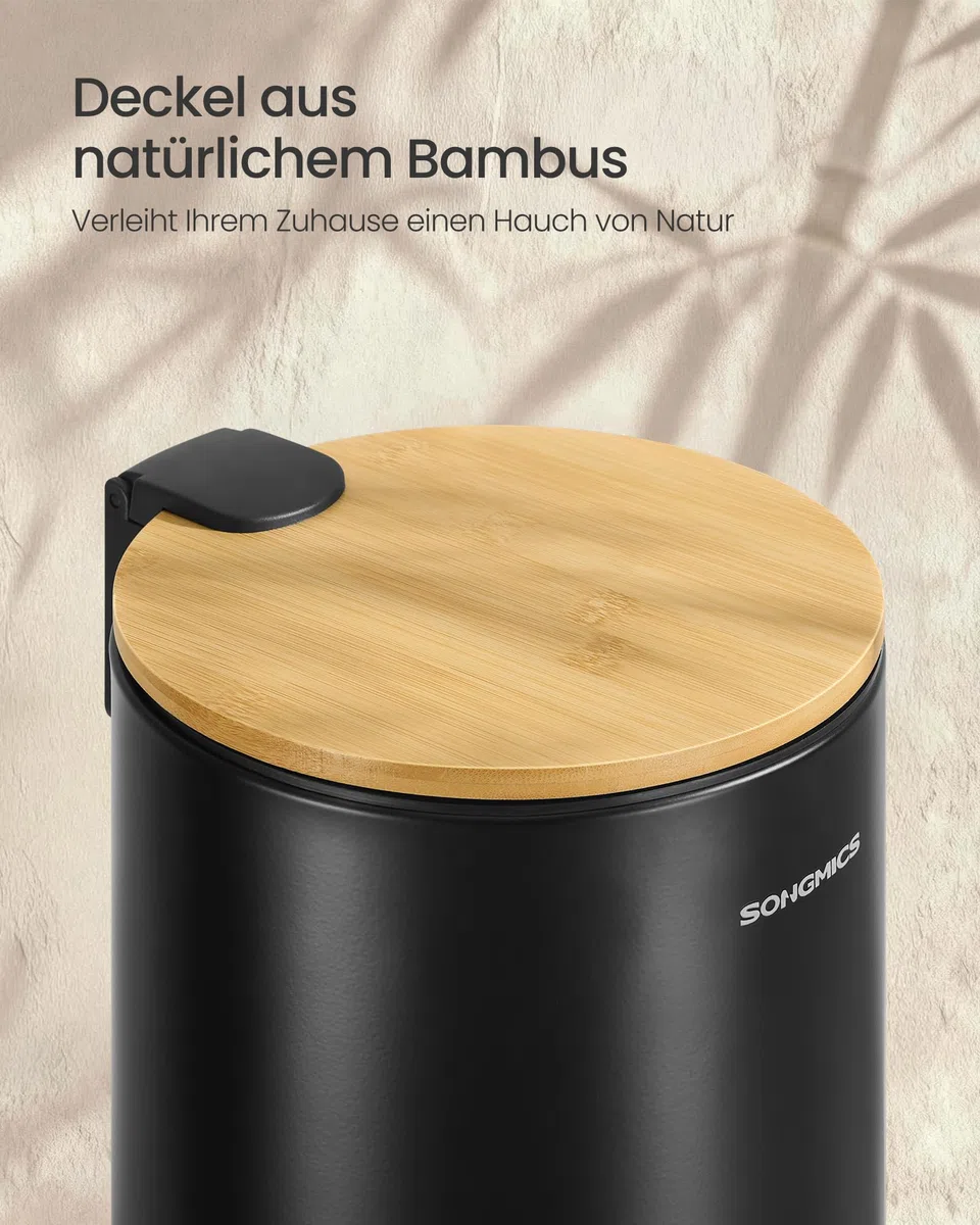 SONGMICS Kosmetikeimer, Mülleimer Bad, mit Deckel aus Bambus, Tretmülleimer mit Metallpedal, Inneneimer herausnehmbar, Softclose, für Badezimmer, 3 Liter, tintenschwarz LTB113BZ01