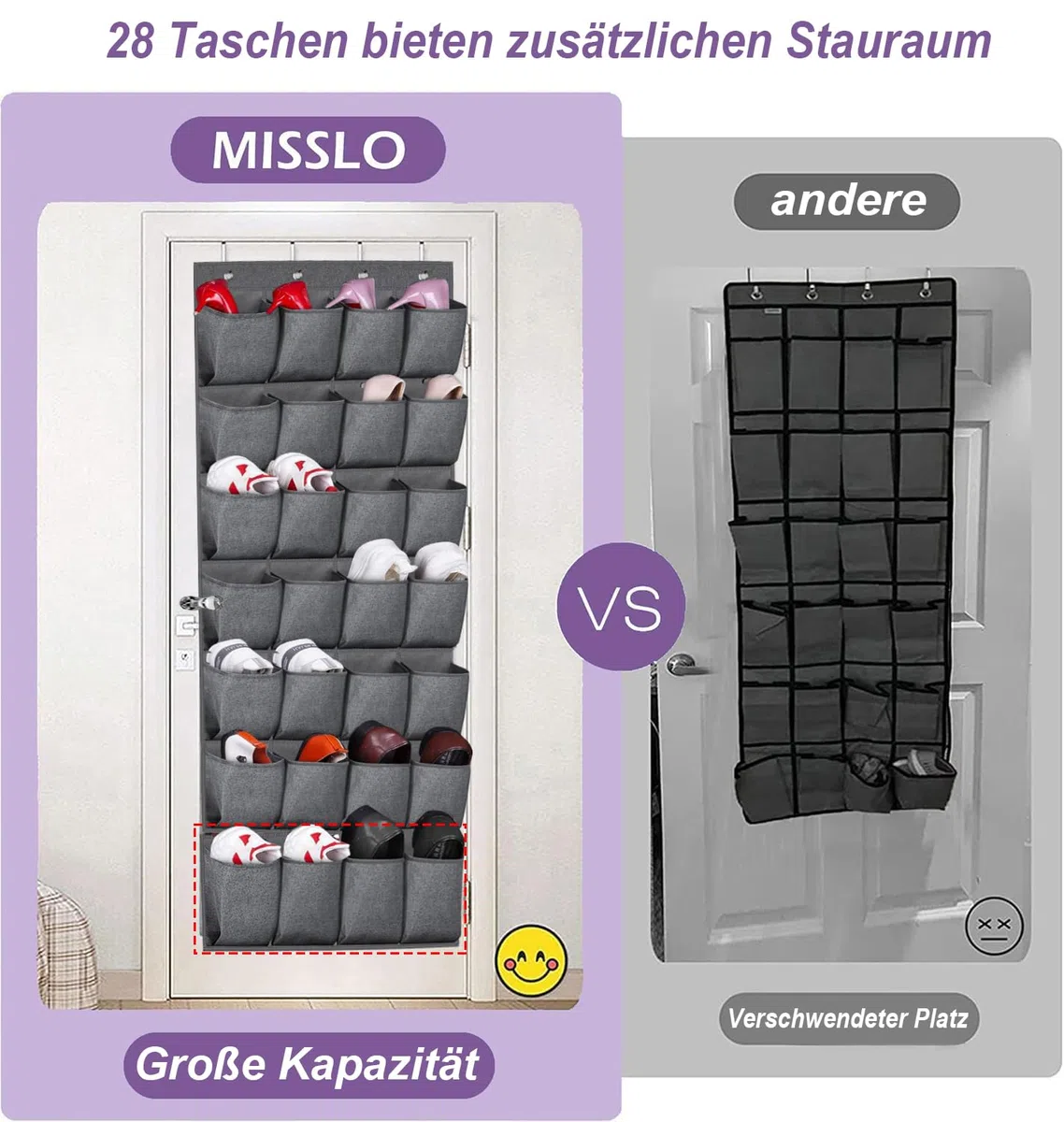 MISSLO 28 Große Taschen über der Tür Schuh-Organizer mit 4 Haken hänge organizer für unterschiedlich breite Türen, hängender schuhaufbewahrung für Schrank schuhhalter Herren, Grau