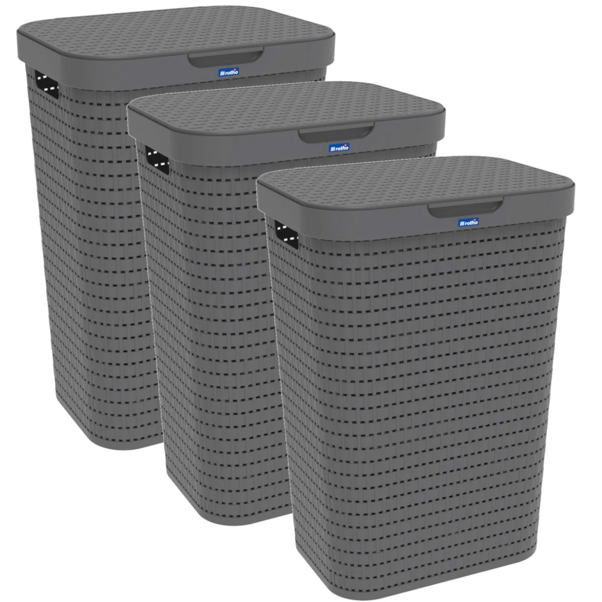 Rotho Country 3er-Set Wäschesammler Kunststoff mit Deckel 55l | Wäschekorb schmall in Rattan-Optik | Deckel öffnet komplett | angenehm zu tragen | einfach zu reinigen & hygienisch | anthrazit
