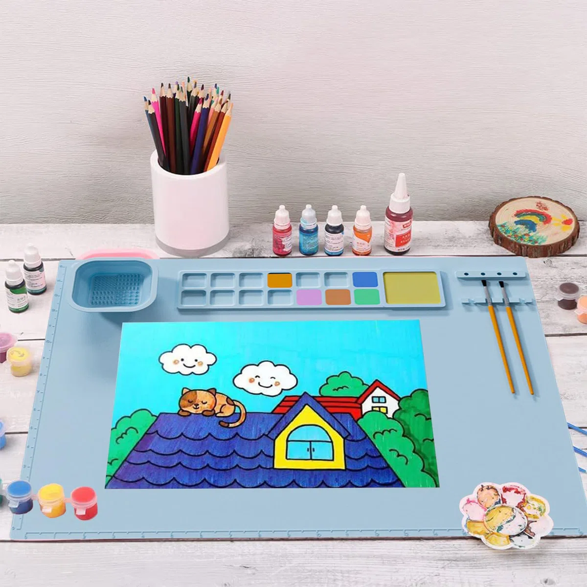 Silikon Malmatte, Bastelmatte Silikon 40*50cm, Antihaftbeschichtet Bastelmatte Kinder, Sbastelunterlage Kinder, Silikon Malmatte Mit Becher, Für Aquarell Schneiden Kunst Schöpfung Ton Und DIY-Projekte