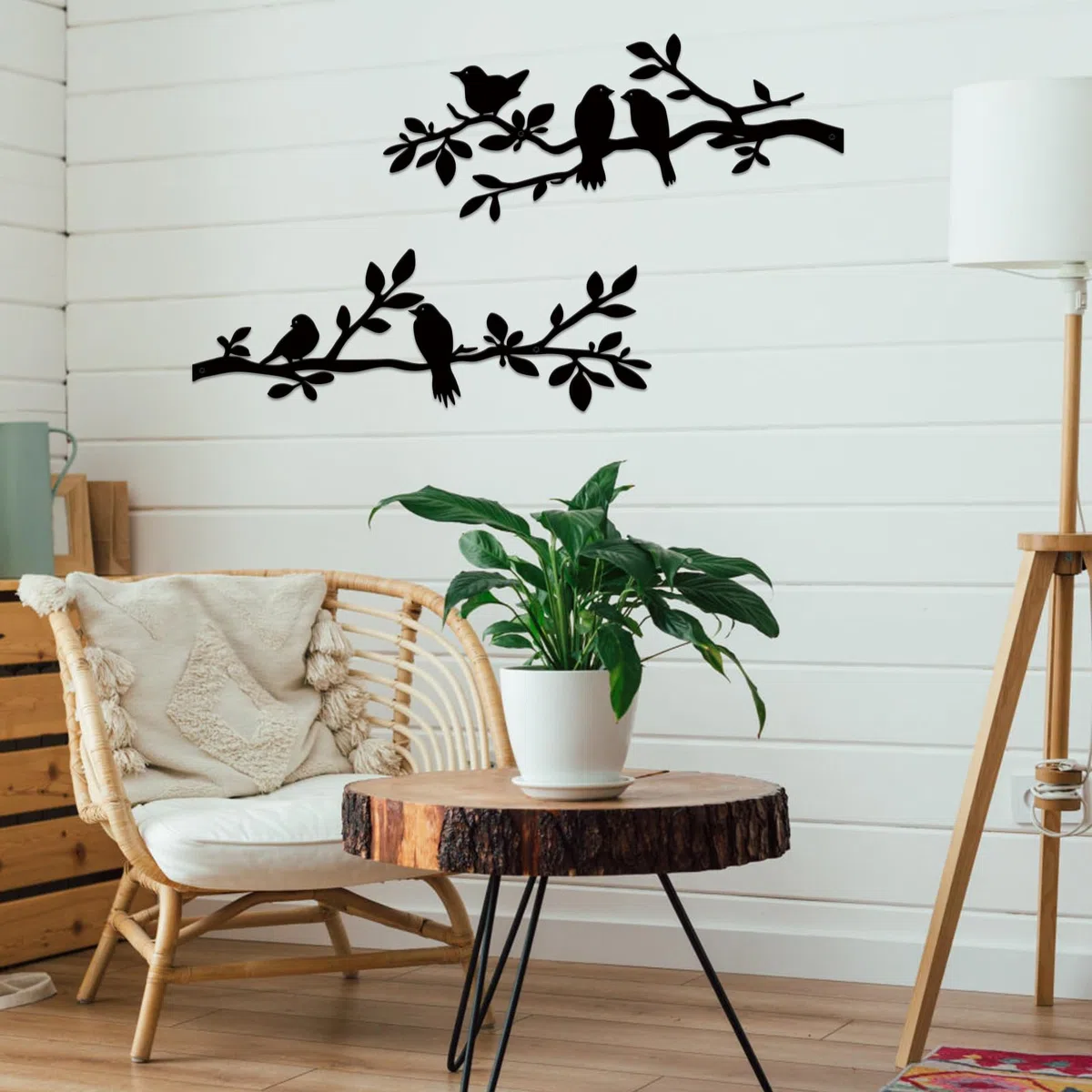 ESTART Wanddekoration mit Vögeln aus Metall, 2 Stück, lebendige Vögel auf AST, Silhouette, für den Außenbereich, Wandskulptur zum Aufhängen, für Zuhause, Küche, Balkon, Garten (Schwarz)
