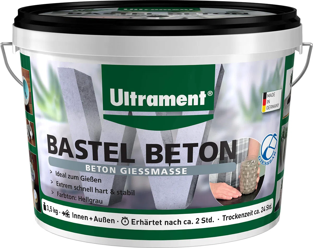 Ultrament Bastel Beton zum gießen| Hochwertige Gießmasse für kreative DIY-Projekte | Feuchtigkeits- & frostbeständig wasserdicht, Beton Gießmasse, Hellgrau, 3,5 Kg