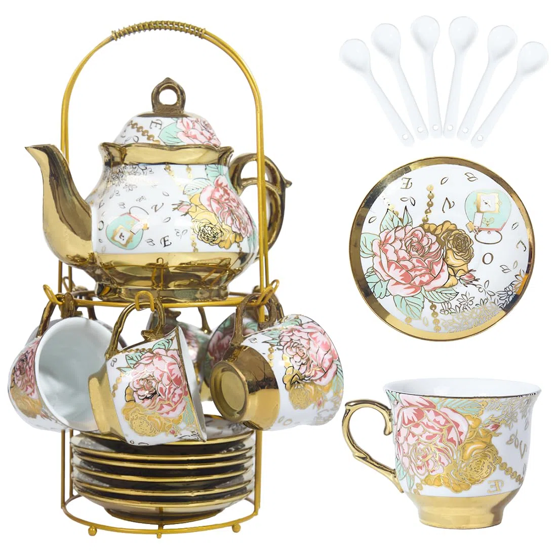 Gold Plated Red Rose Ceramic Tea SetS, Vintage Tea Set with Teapot, Beautiful Tea Set Coffee Serving 6 People (Gold, Medium)