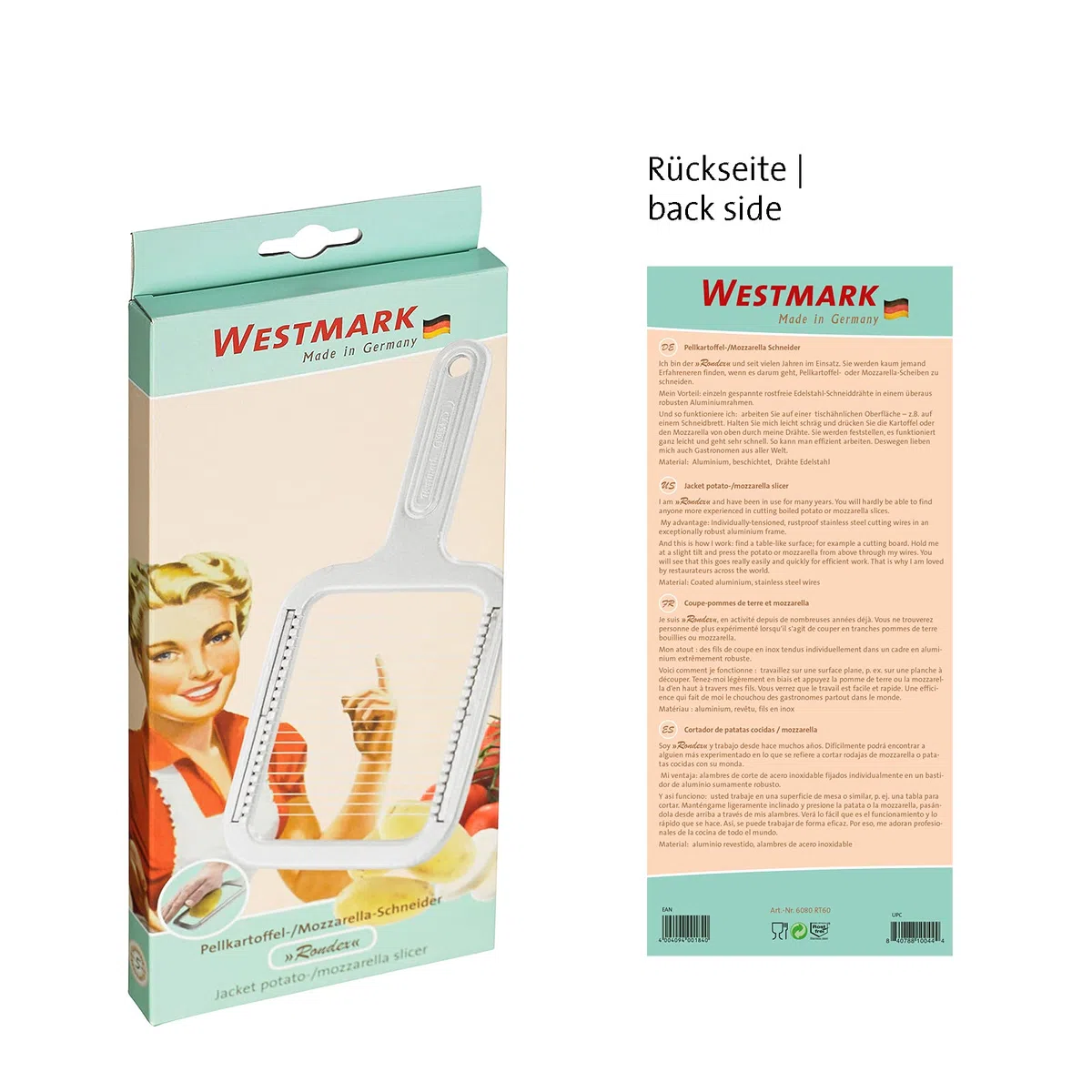 Westmark Pellkartoffel- und Mozzarella-Schneider, Retro-Verpackung, Aluminium/Rostfreier Edelstahl, Rondex, Grau, 6080RT60, 25.8 x 11.4 x 1.2 cm