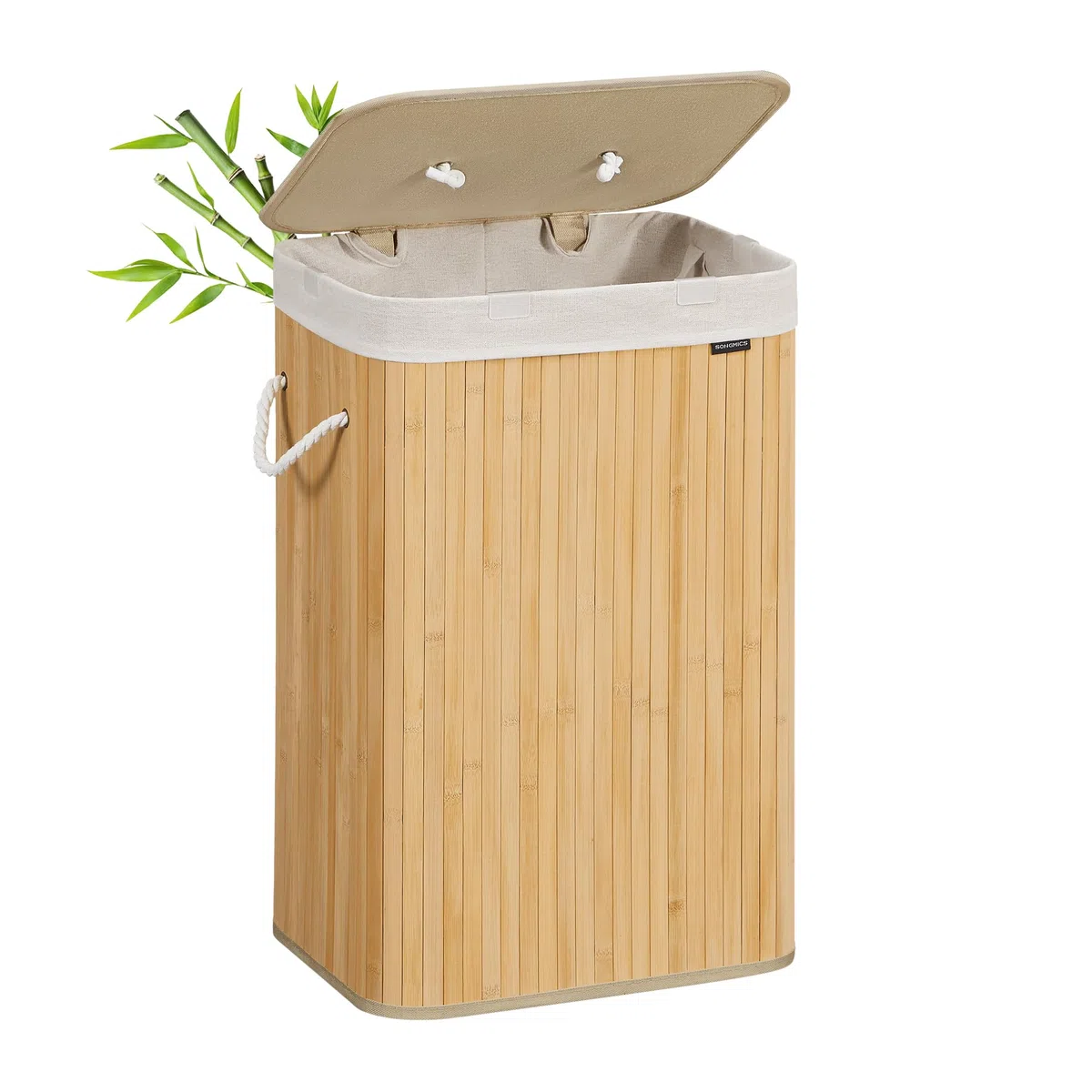 SONGMICS Wäschekorb mit Deckel, 72 Liter, Wäschesammler aus Bambus, faltbar, Wäschesack herausnehmbar und maschinenwaschbar, mit Griffen, für Waschküche, Schlafzimmer, naturfarben LCB10Y