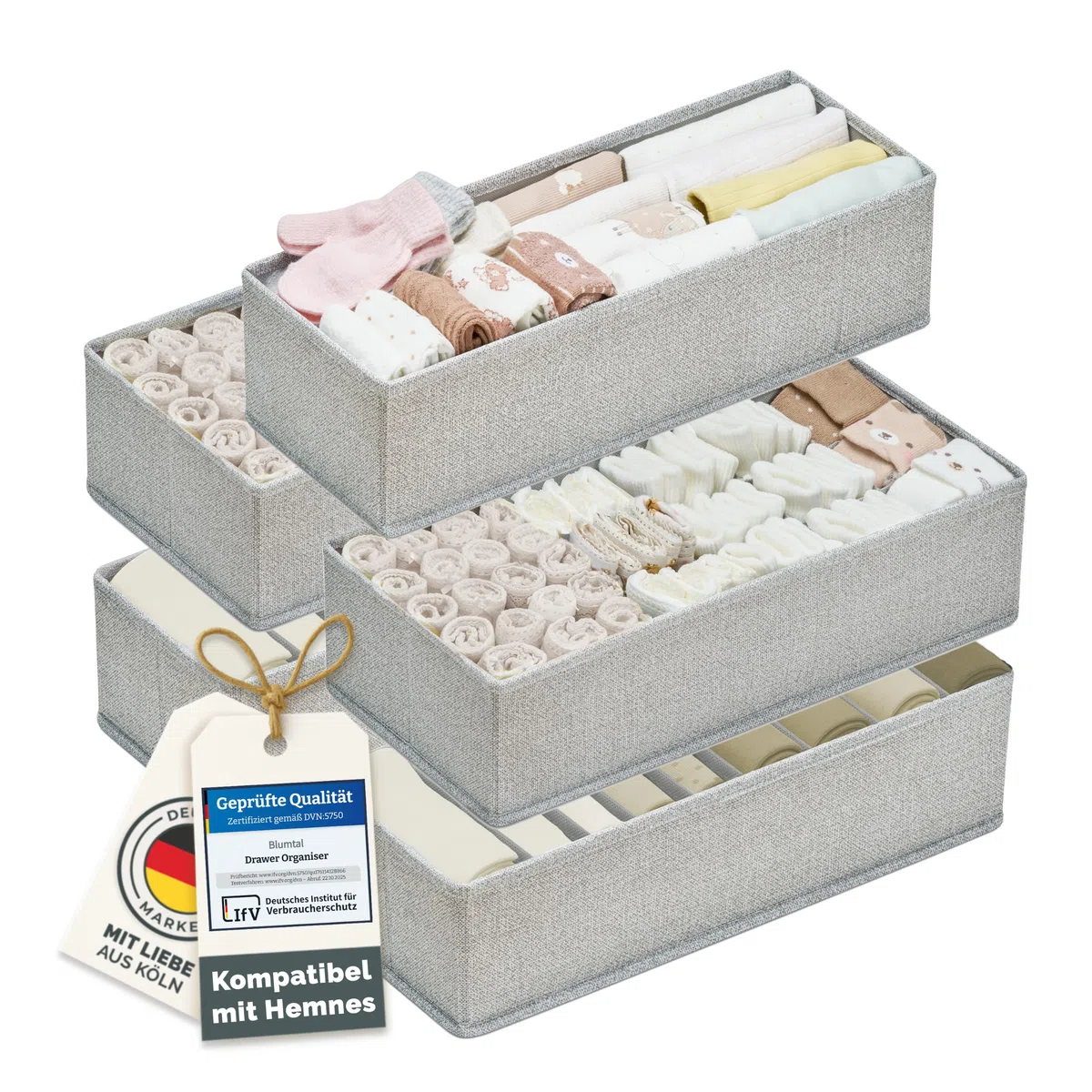 Blumtal Organizer Ordnungssystem Kleiderschrank 5er Set passend für HEMNES - 5 versch. Kleiderschrank Organizer für HEMNES Kommoden - Faltboxen für BHs, T-Shirts - Socken Aufbewahrung - Organizer Grau