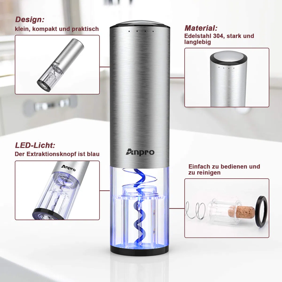 Anpro Korkenzieher Elektrisch, Elektrischer Korkenzieher Set, Automatische Weinöffner Flaschenöffner mit Folienschneider, Vakuum Stopper und Ausgießer, Silber