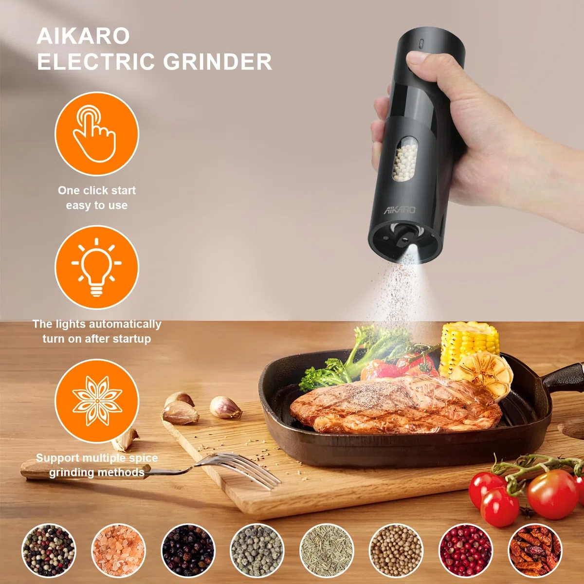 AIKARO - Elektrische Salz- und Pfeffermühle Automatische Gewürzmühle, Aufladbar