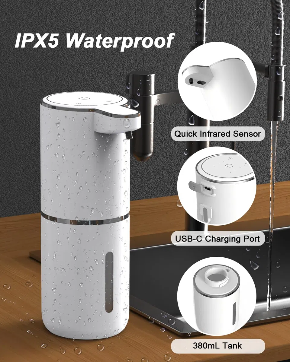 Dalugo No Touch Schaumseifenspender Sensor 380mL USB Wiederaufladbar, Automatischer Seifenspender Mit Wandbefestigung, IPX5 Wasserdicht Elektrisch Weiß für Badezimmer Küche