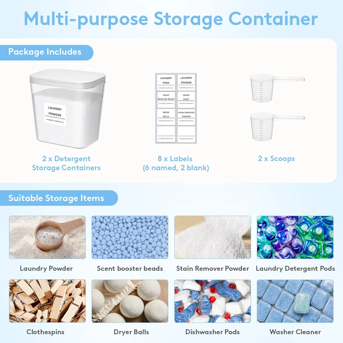 Lifewit 2700 ml/0.72gal Wäsche Pods Behälter mit Druckverschluss, Waschpulver Aufbewahrungsbox mit Etikette und Löffel, Waschmittelbox, Waschmittel Aufbewahrung für Pulver Perle Duft Booster, 2 Stück