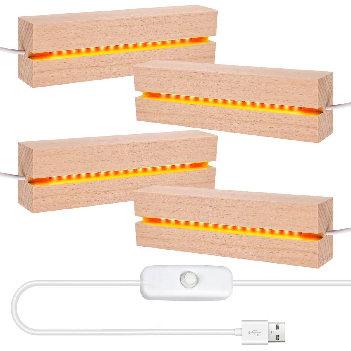 BORDEAG LED-Holzsockel, rechteckig, USB, 15 cm, warmweiß oder 7 Farben, eleganter Holzständer für Acrylglas, Kristall, Harz, Kunstwerke, 4 Stück